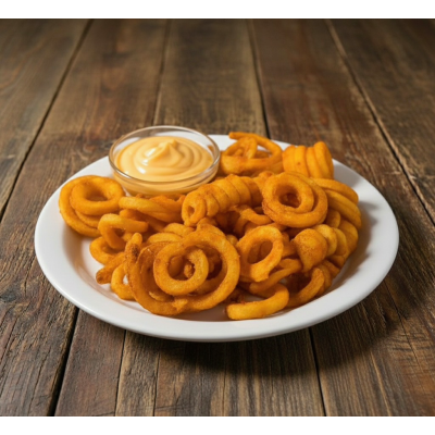 Curly Fries with cheese sauce