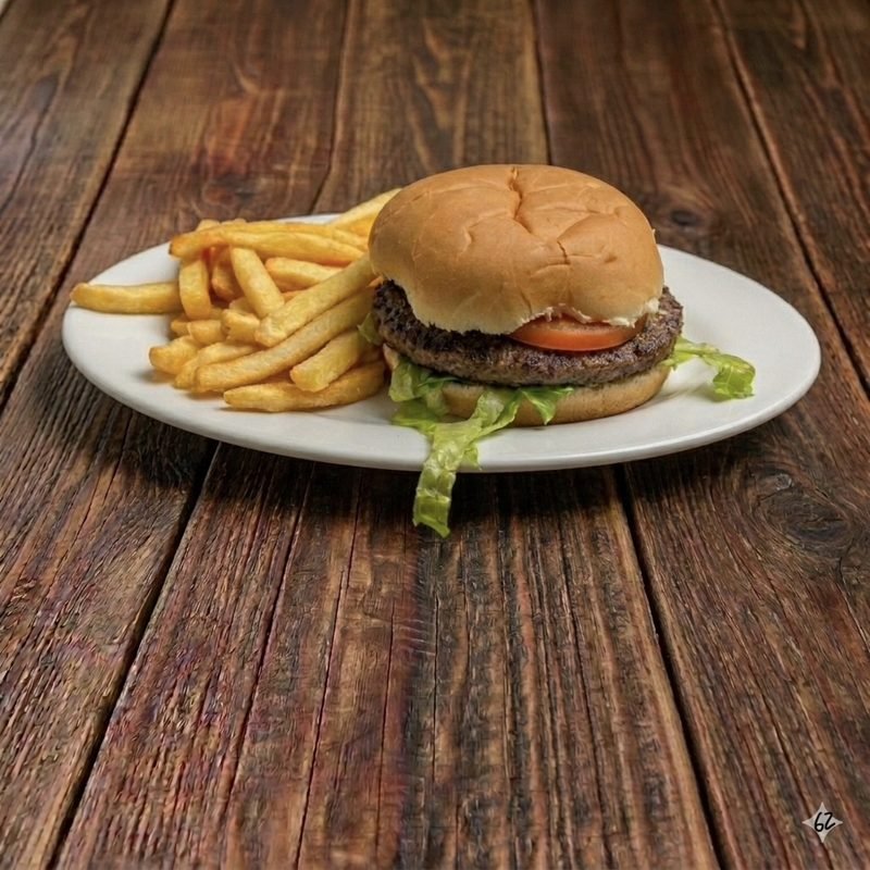 Cheese Burger (lettuce, tomato, American cheese & fries)
